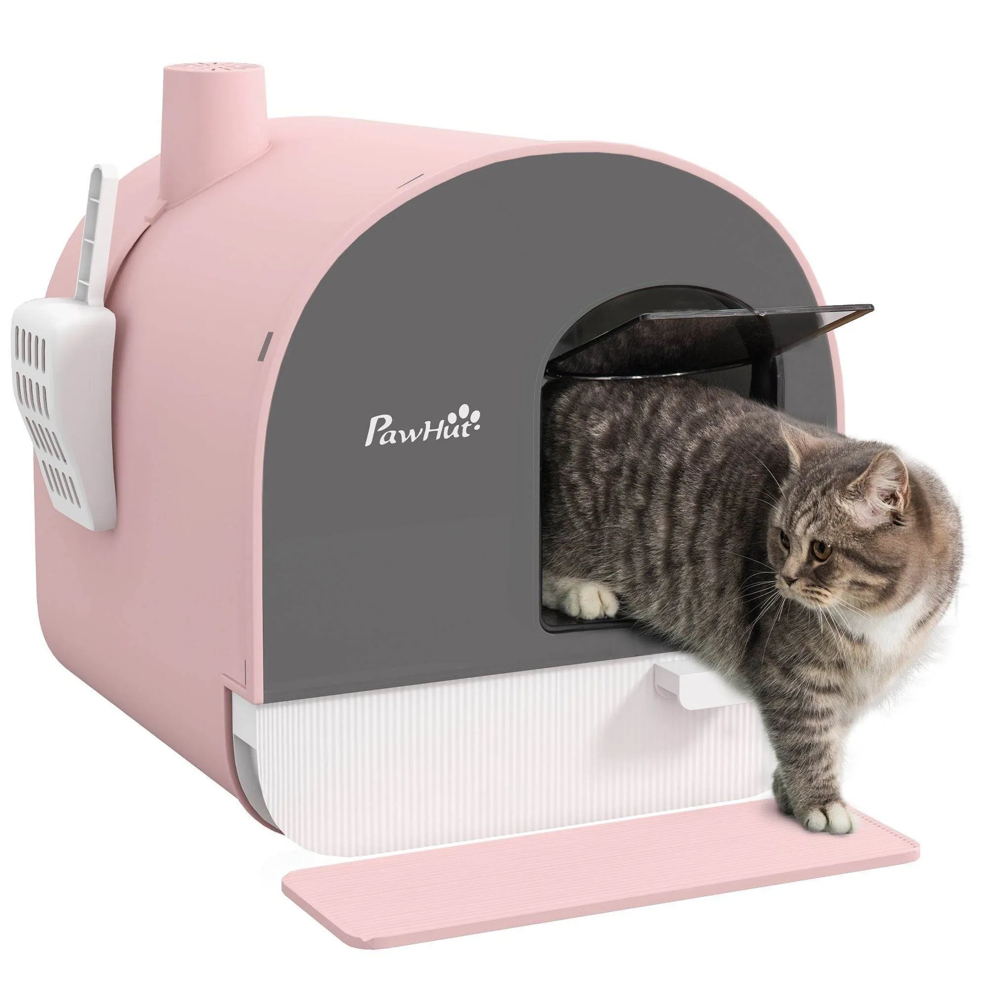 Pink covered cat litter box with odor filter from The Max & Rex Collection, offering complete privacy for your feline friend.