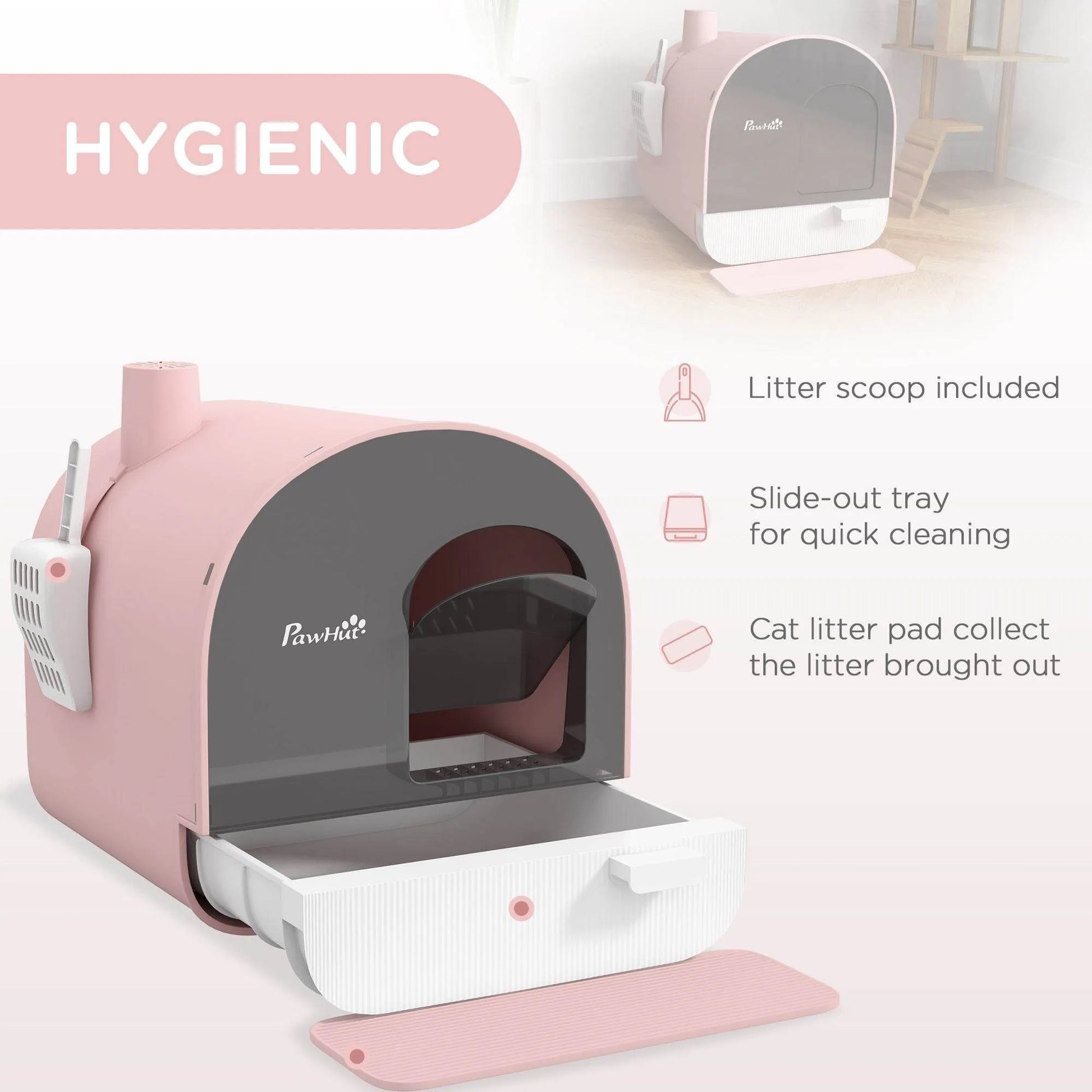 Pink covered cat litter box enclosure with odor filter from The Max & Rex Collection, offering complete privacy for your cat.