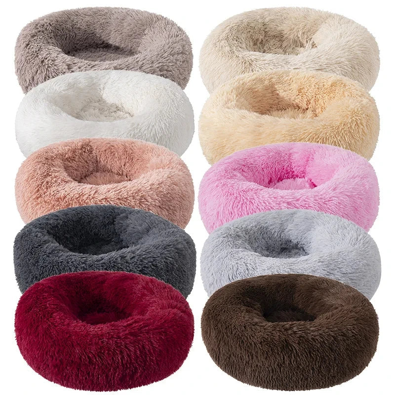 Cozy Tail Chasers round dog beds in various colors, ideal plush dog bed for anxiety relief