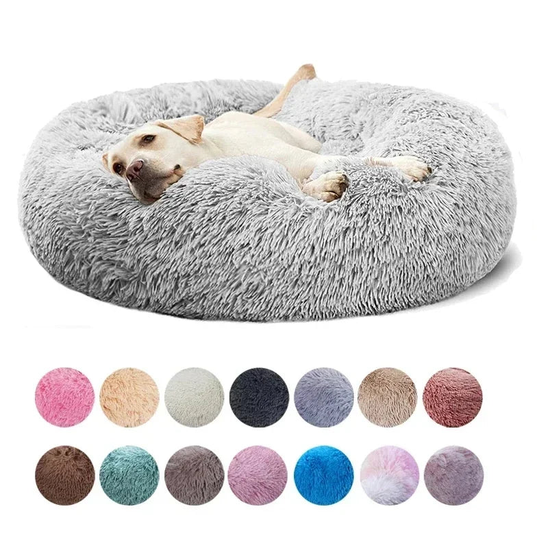 Tail Chasers Plush Dog Bed for Anxiety in Round Shape with Soft Gray Faux Fur and Various Color Options