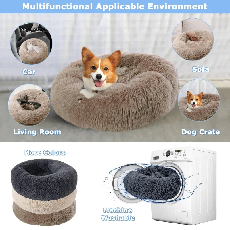 Tail Chasers round plush dog bed for anxiety, suitable for car, sofa, and dog crate, machine washable fabric