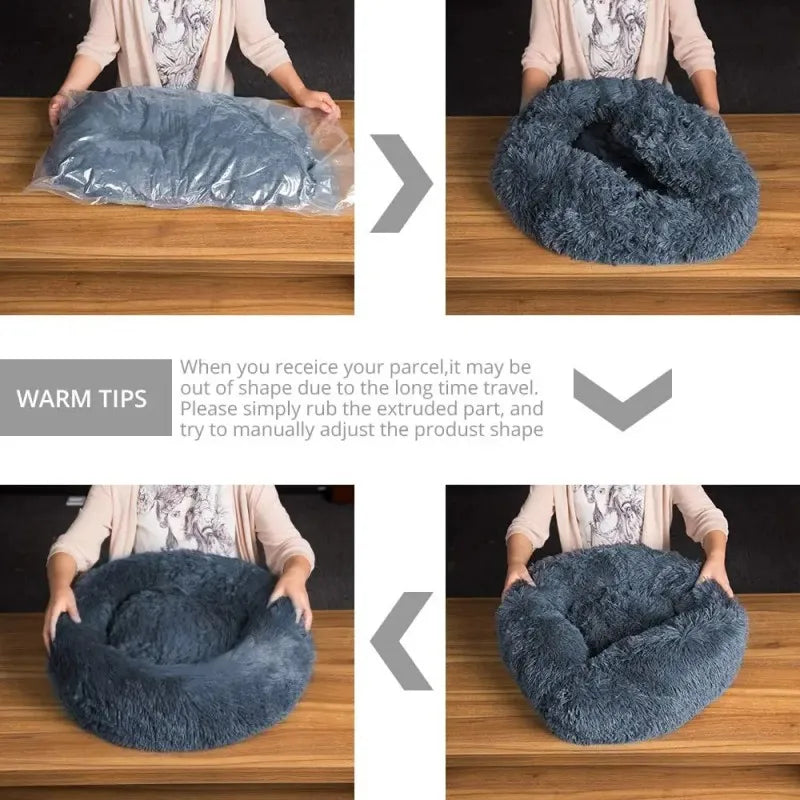 Plush dog bed for anxiety by Tail Chasers, demonstrating unpacking and fluffing process for optimal comfort