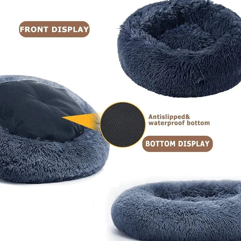 Tail Chasers Round Plush Dog Bed for Anxiety with an Anti-Slip Waterproof Bottom