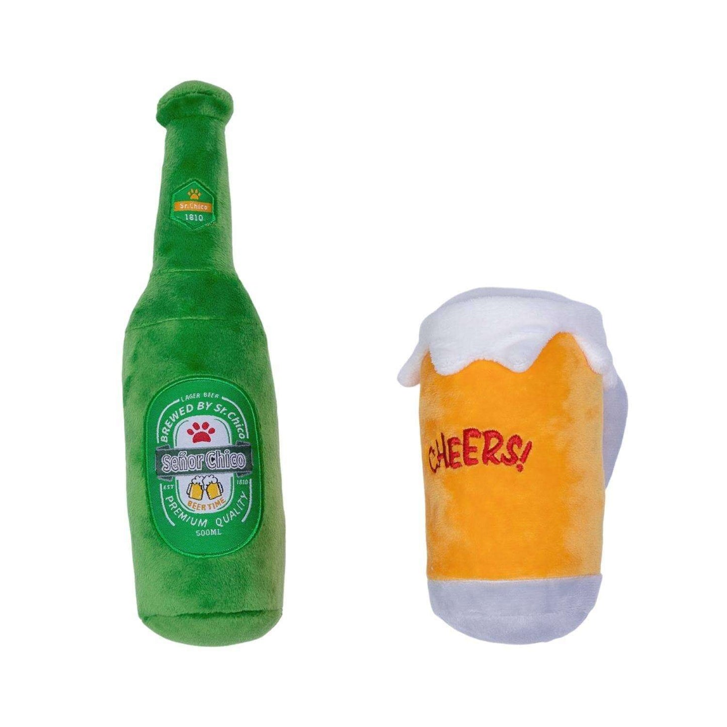 Plush dog beer toy set with a green bottle and a foam beer mug for playful pets