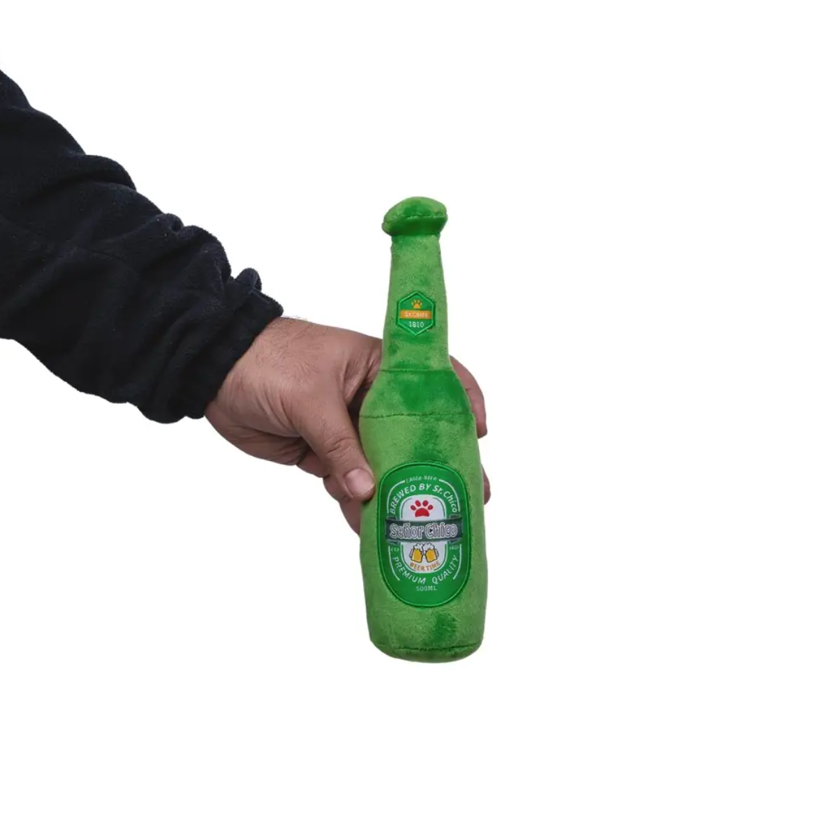Purrfect Pet Kingdom plush dog beer toy set featuring a green bottle for playful pups