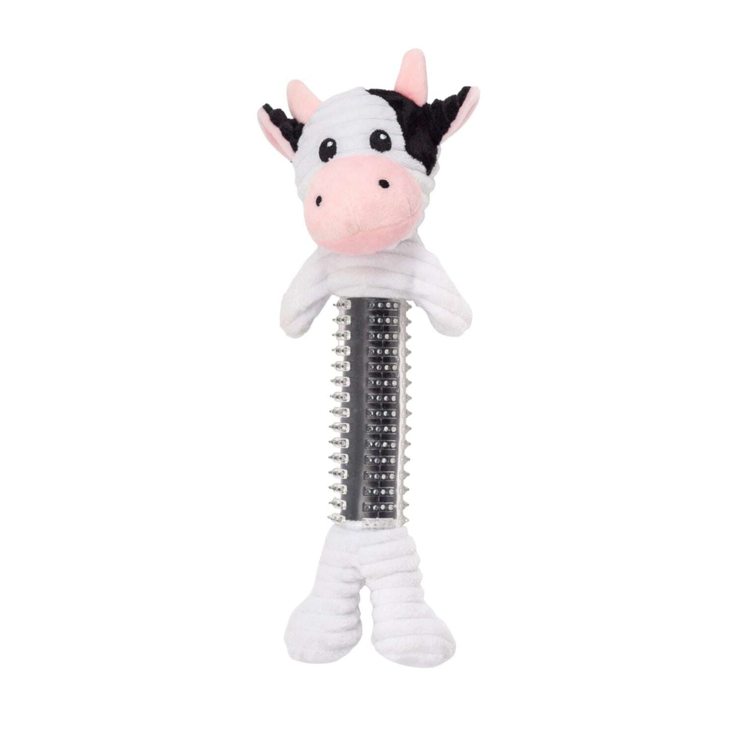 Plush Dog Toy in the shape of a cow with squeaker and textured body for playful pets