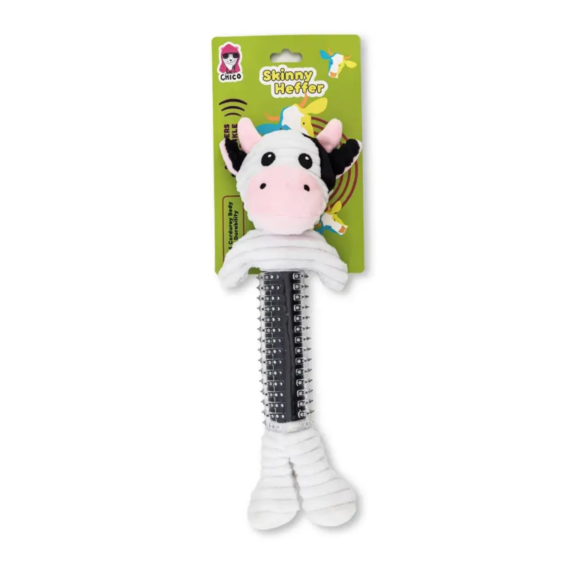 Plush Dog Toy in the shape of a cow with a squeaky spine for playful dogs