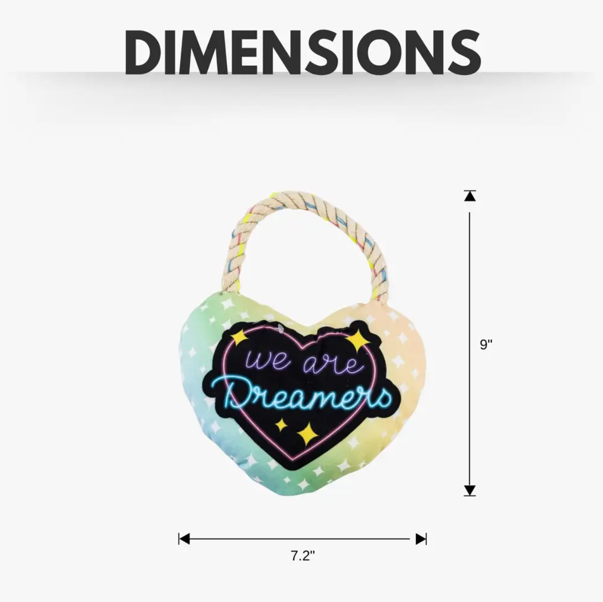 Colorful Plush Dog Toy in Heart Shape with the Phrase We Are Dreamers for Playful Pets