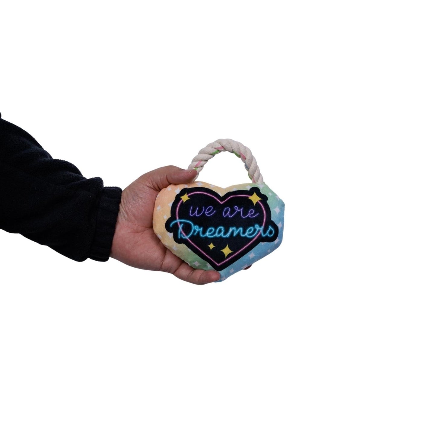 Colorful Plush Dog Toy shaped like a heart with the text we are Dreamers and a rope handle