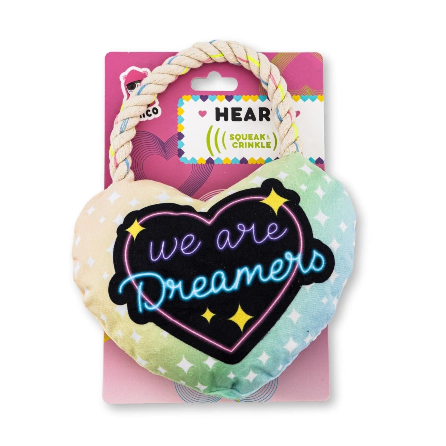 Colorful Plush Dog Toy shaped like a heart with the text we are Dreamers and a rope handle for dogs