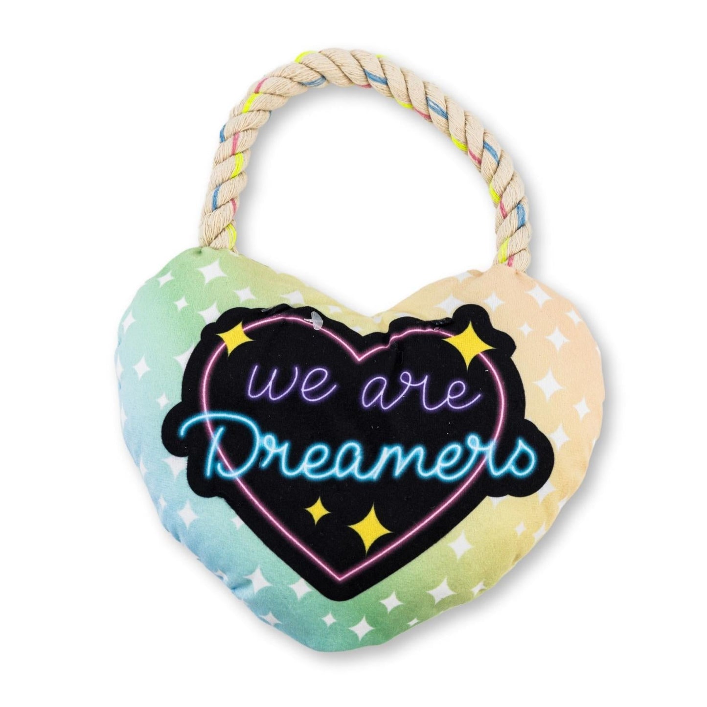 Colorful heart-shaped plush dog toy with a rope handle and the text we are Dreamers