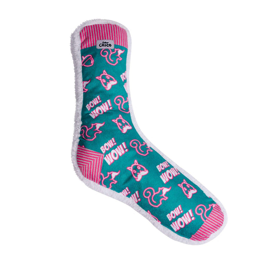 Chicco Plush Dog Toy in teal with colorful cat designs and soft texture for interactive play