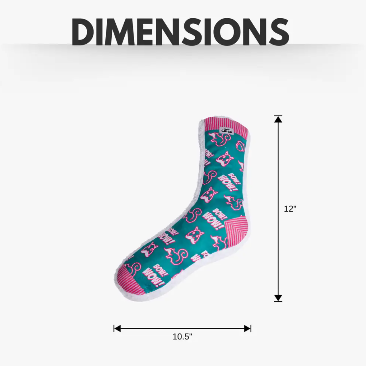 Plush Dog Toy with colorful patterns and dimensions suitable for dogs of all sizes