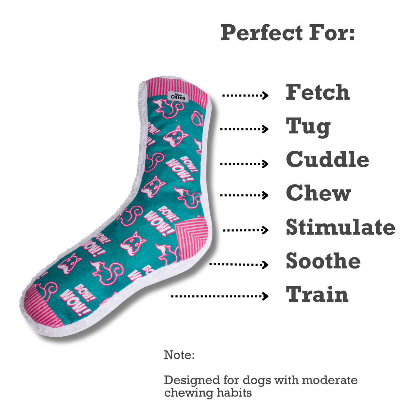 Purrfect Pet Kingdom Plush Dog Toy designed for fetch, tug, cuddle, chew, and training activities