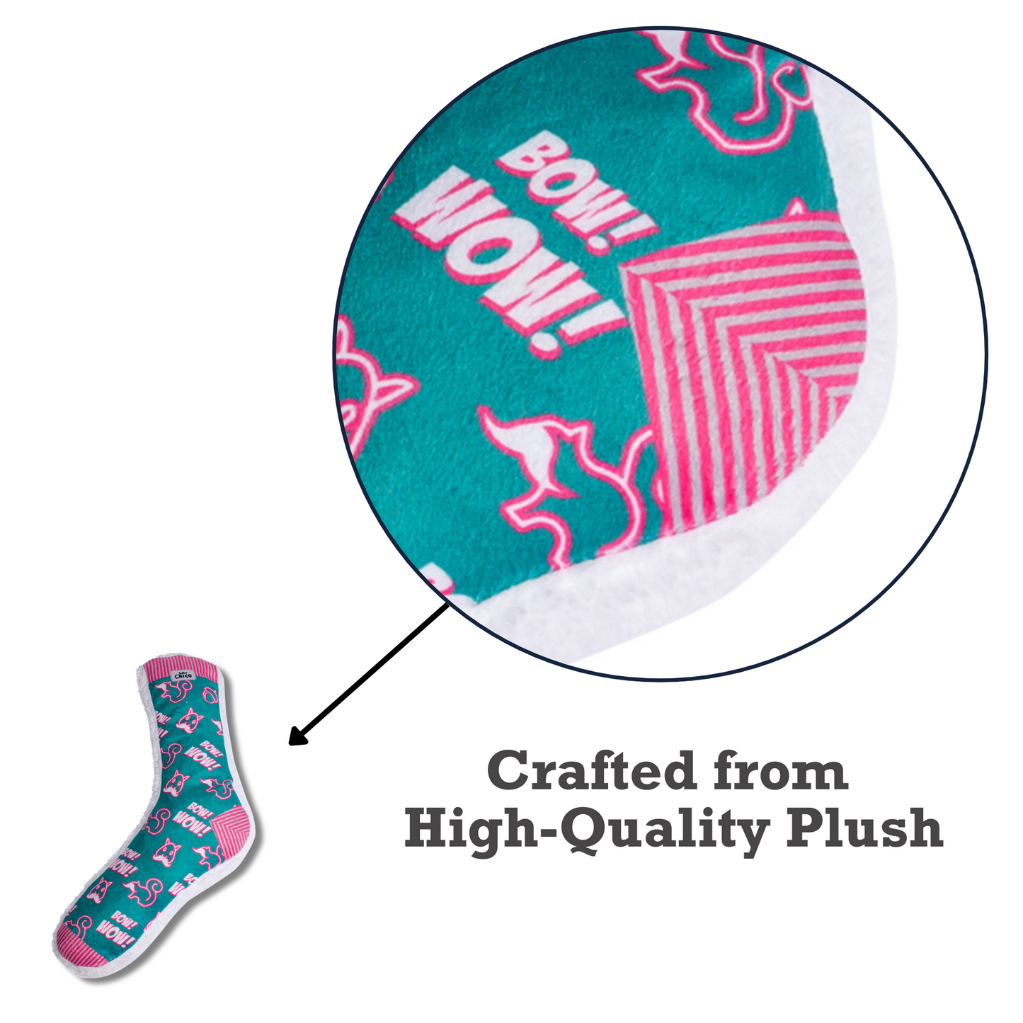 Close-up of a crafted plush dog toy made from high-quality plush for playful pets