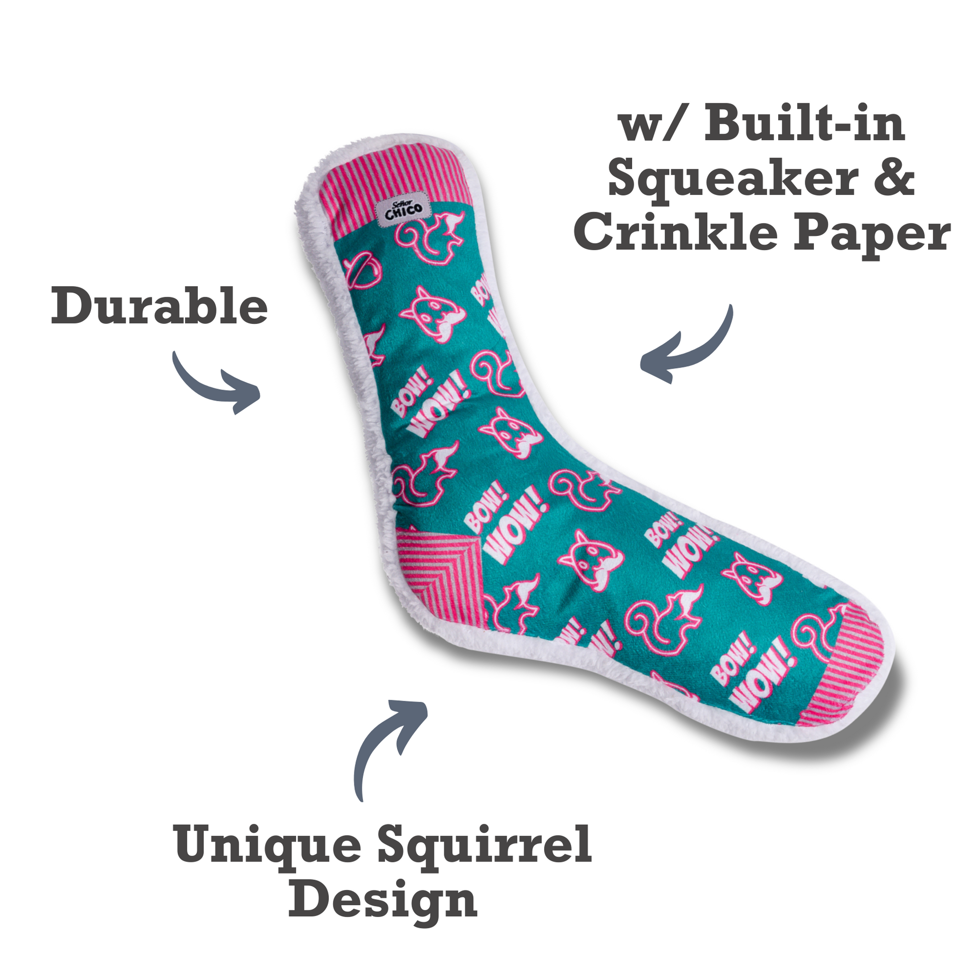 Colorful plush dog toy featuring a unique squirrel design with built-in squeaker and crinkle paper