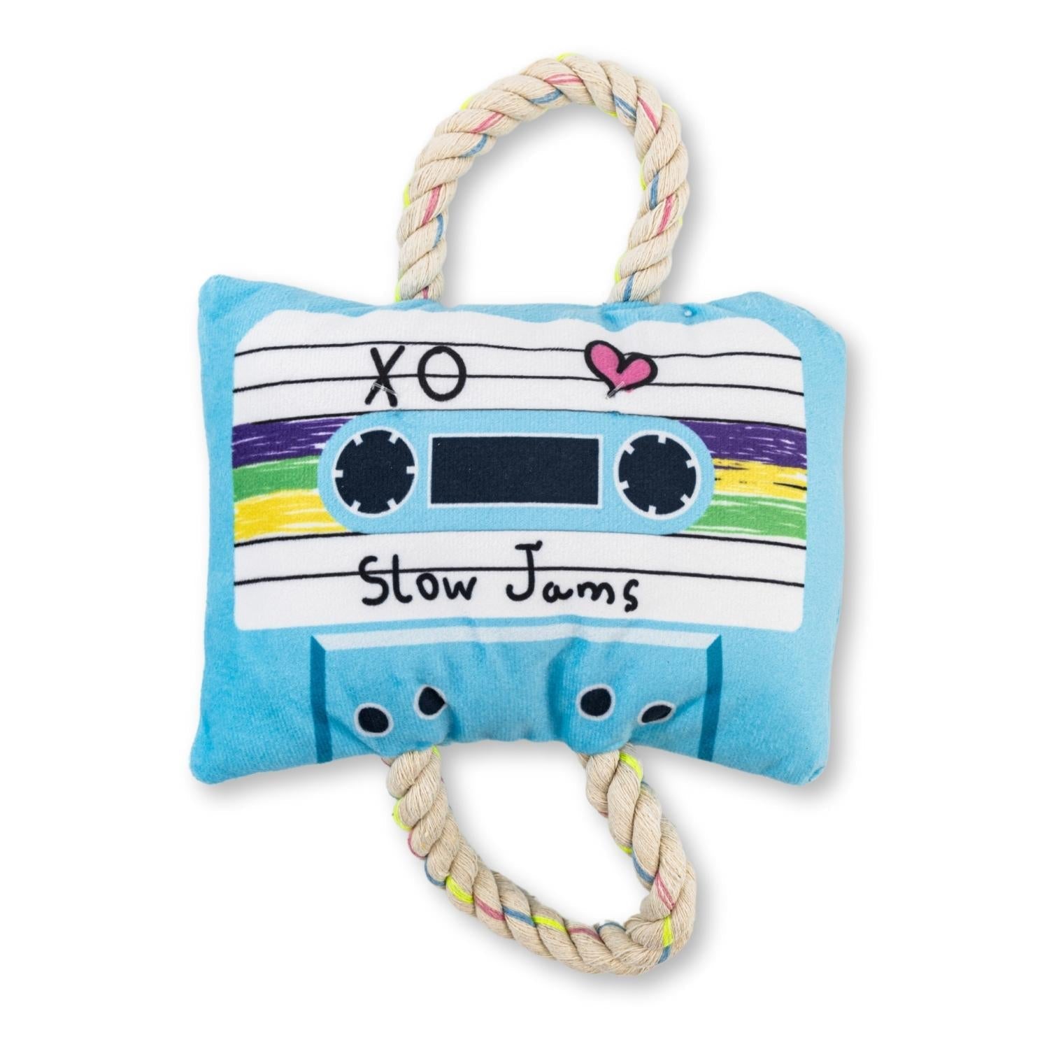 Purrfect Pet Kingdom Plush Dog Toy in cassette design with colorful rope handles for playful pups