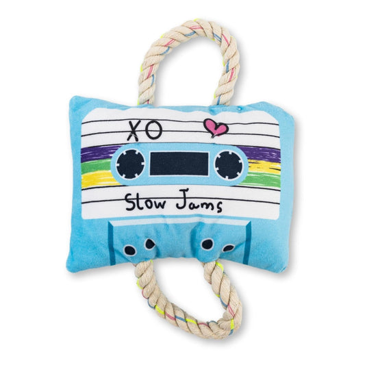Purrfect Pet Kingdom Plush Dog Toy in cassette design with colorful rope handles for playful pups