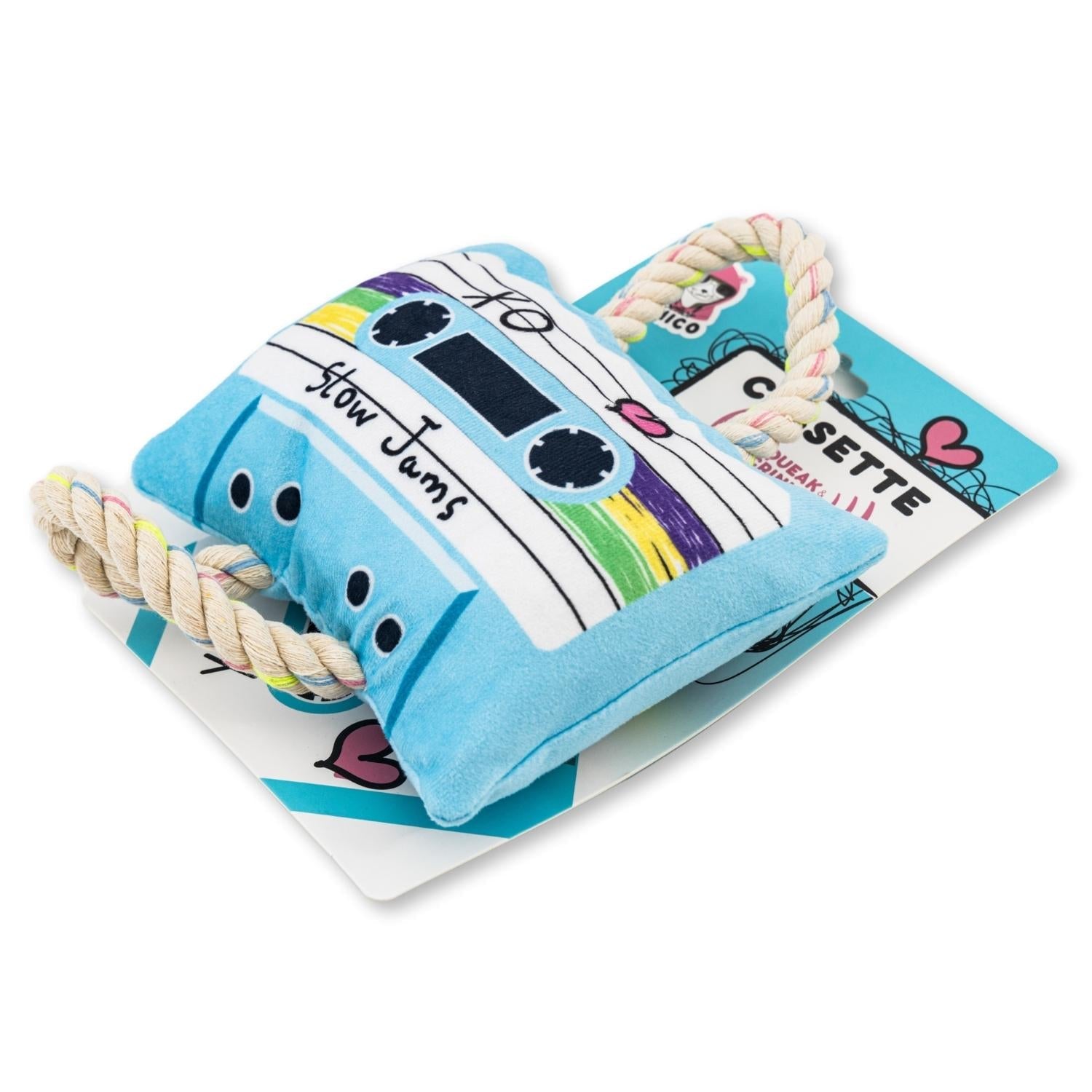 Purrfect Pet Kingdom Plush Dog Toy in cassette design with colorful ropes for playful pets
