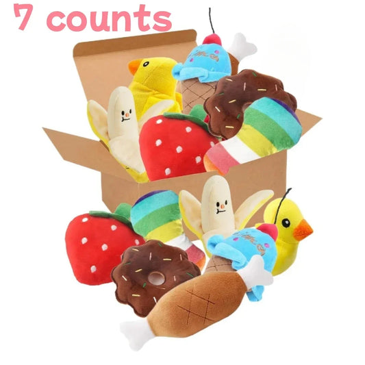 WTN Essentials plush puppy toy set with 7 colorful toys including fruits and desserts in a box