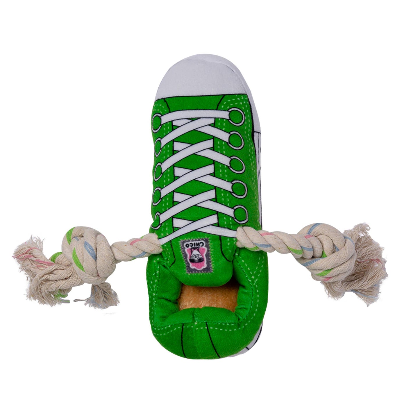 Purrfect Pet Kingdom plush sneaker dog toy in green with rope ends for interactive play