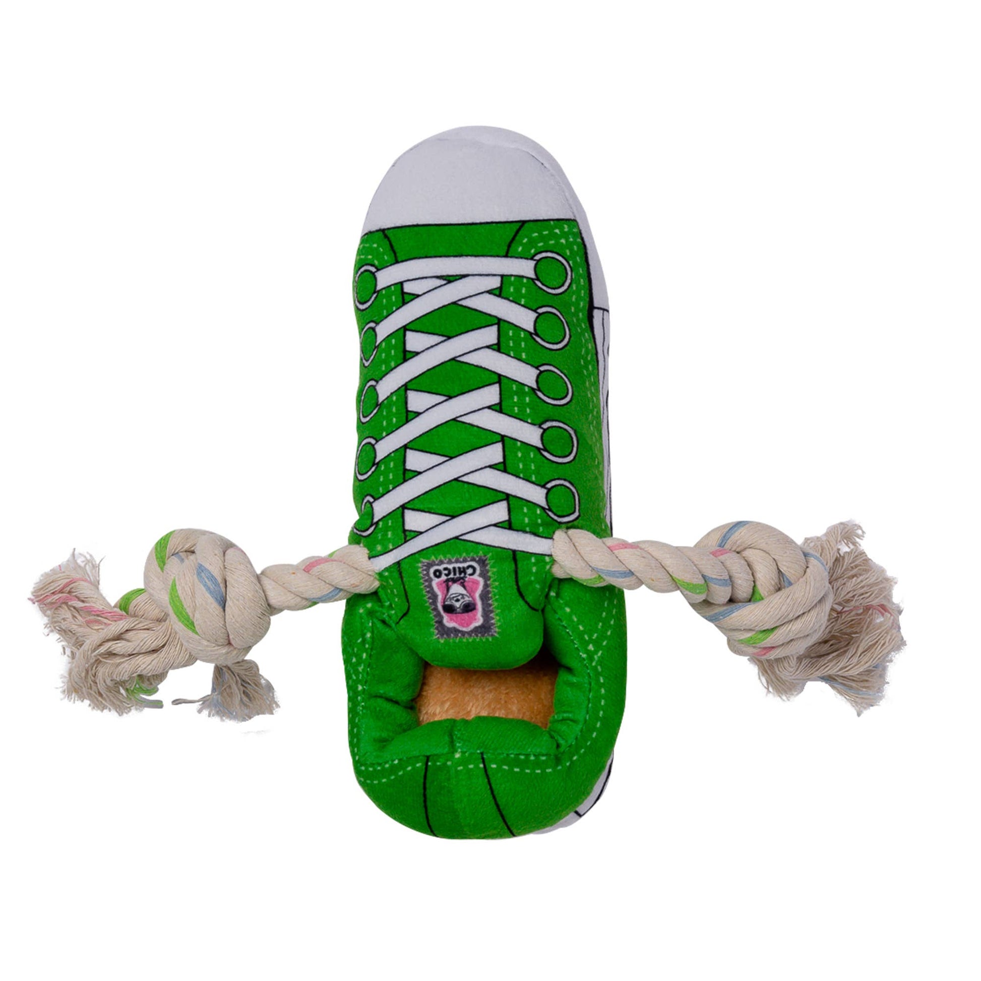 Purrfect Pet Kingdom plush sneaker dog toy in green with rope ends for interactive play