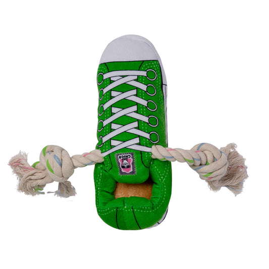 Purrfect Pet Kingdom plush sneaker dog toy in green with rope ends for interactive play