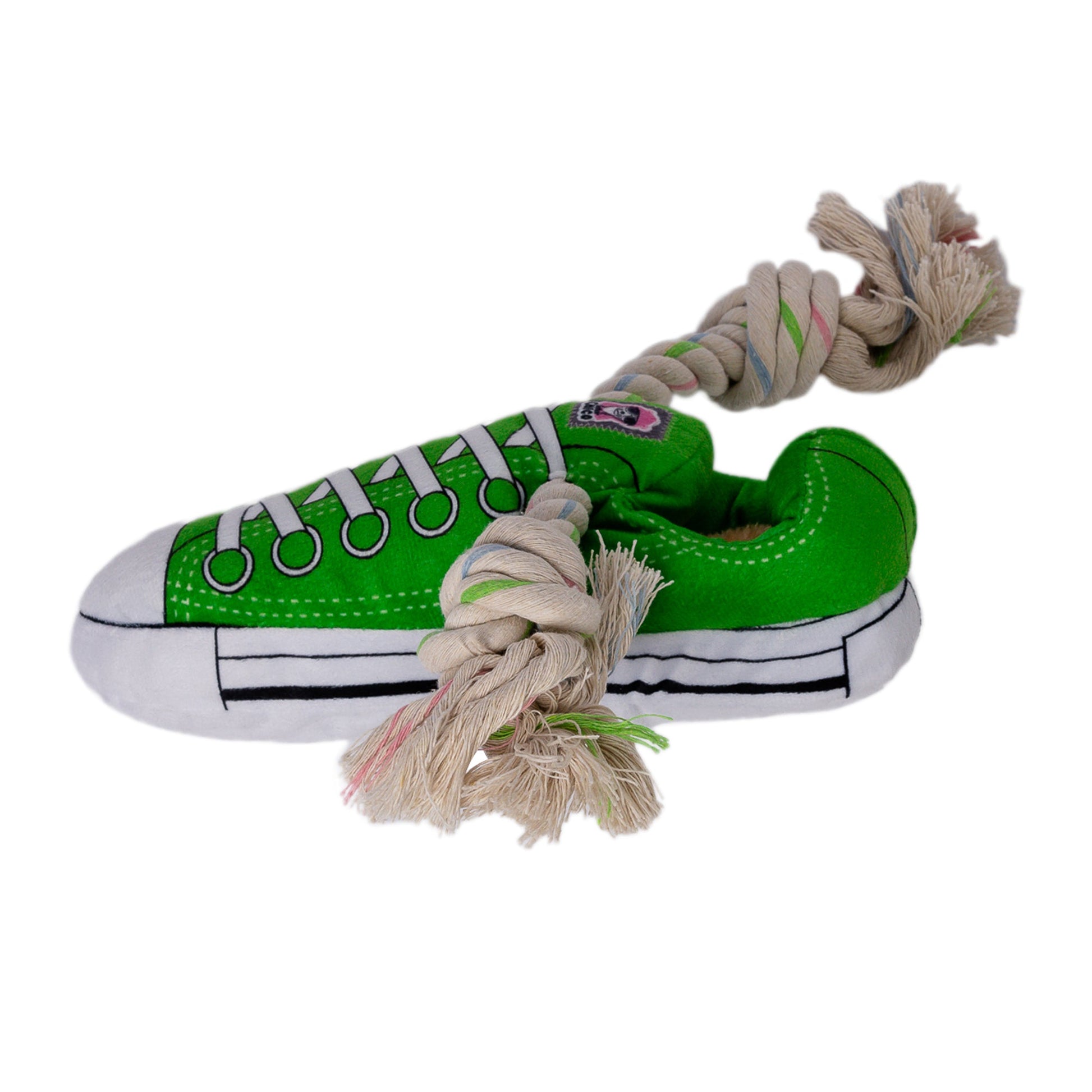 Plush sneaker dog toy in green with a rope for interactive play and fun for pets