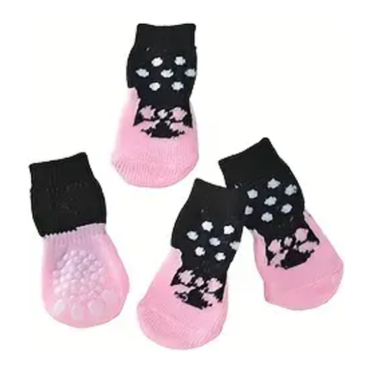Polka Dot Black and Pink Non-Skid Bottom Warm Pet Socks - 4pc