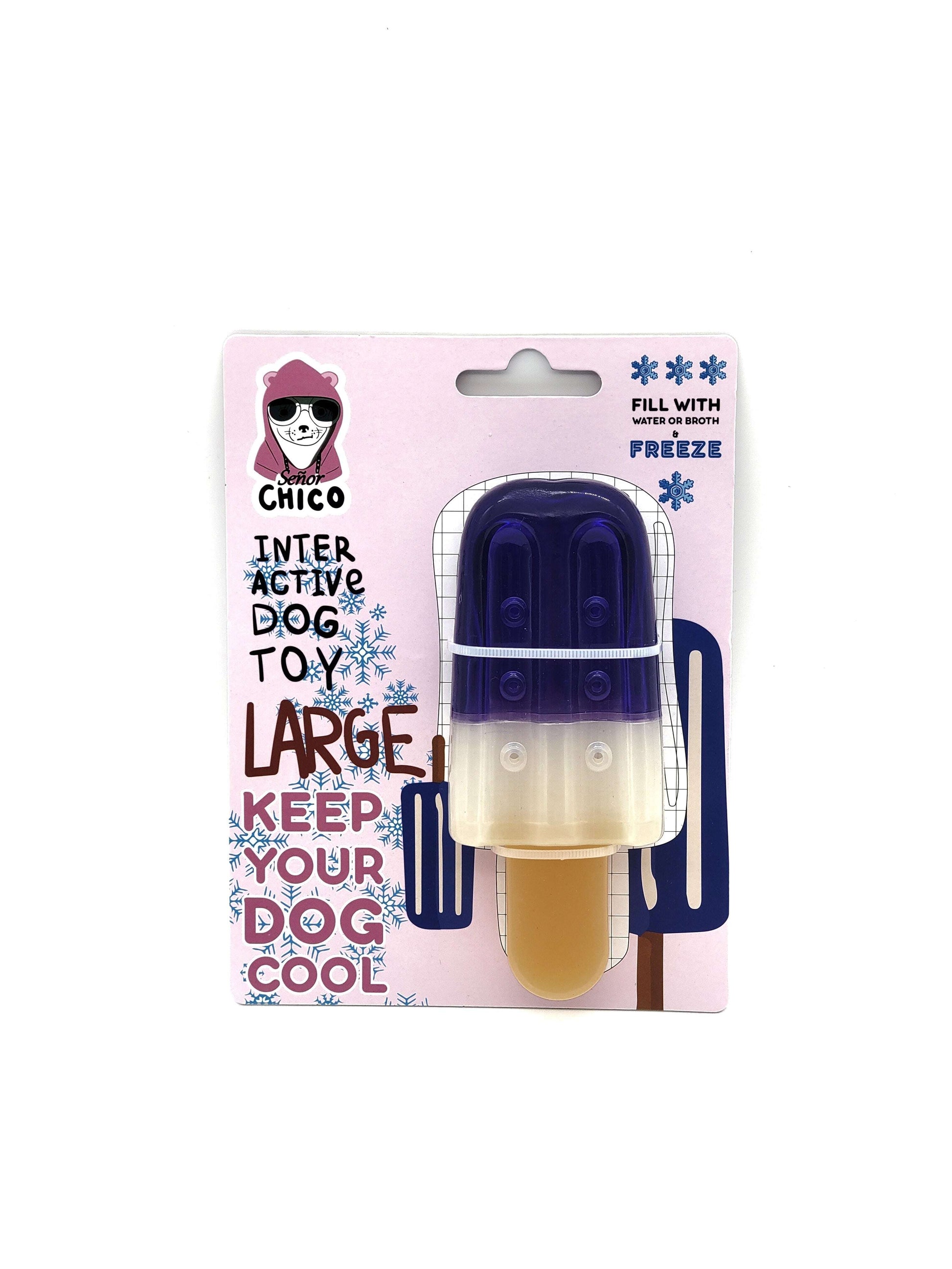 Popsicle-shaped rubber dog chew toy in blue and yellow designed to keep dogs cool during playtime