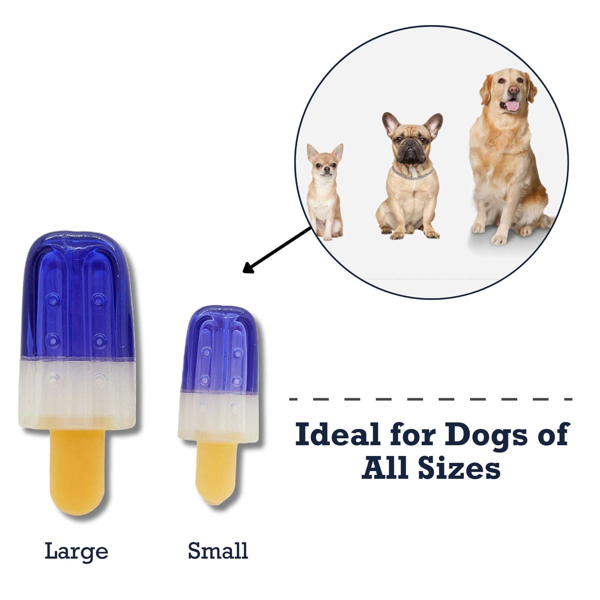 Popsicle-shaped rubber dog chew toy in large and small sizes, perfect for dogs of all sizes