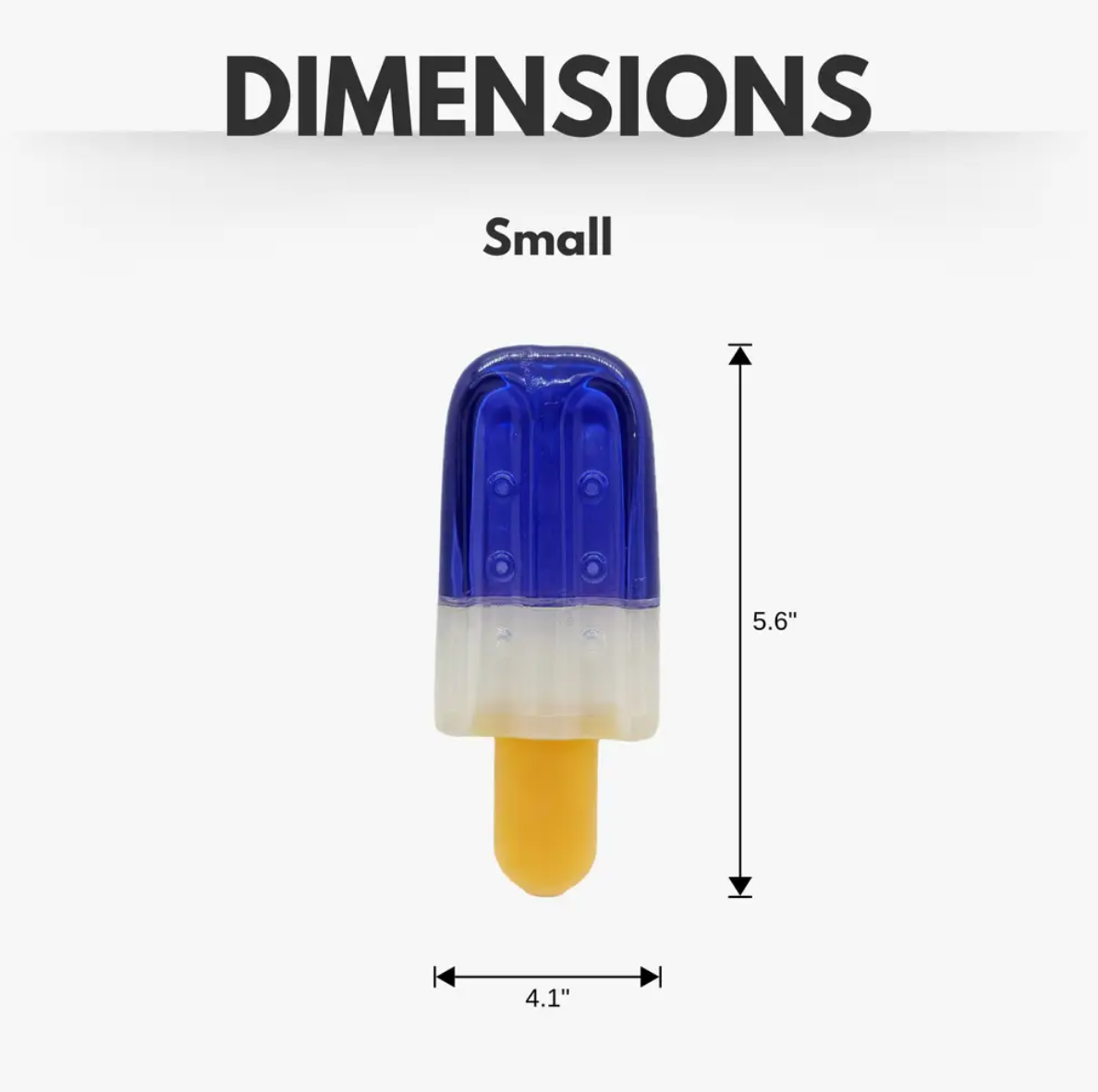 Popsicle-shaped rubber dog chew toy in blue and yellow with small dimensions for playful dogs