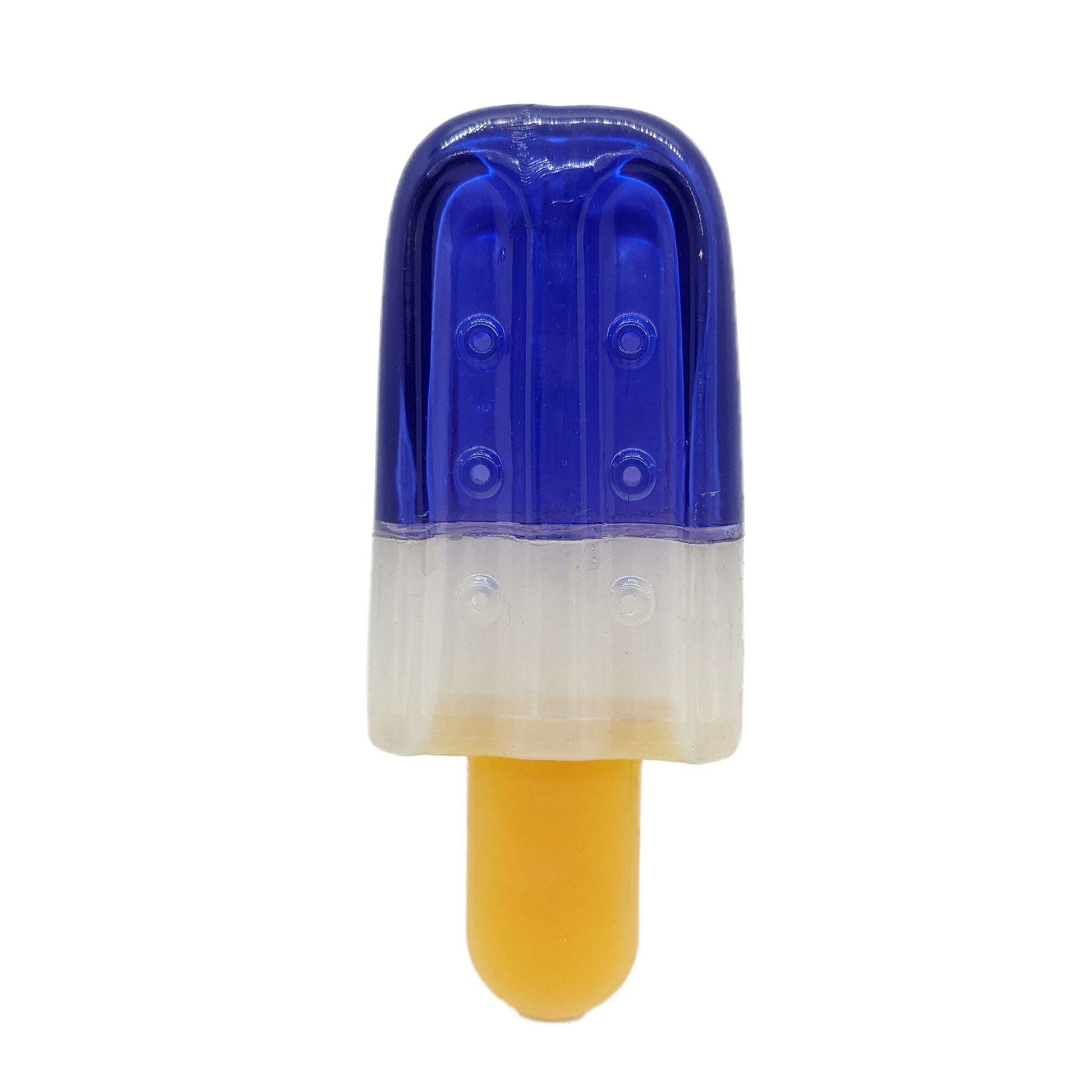 Popsicle-shaped rubber dog chew toy in blue and yellow for interactive play and chewing fun
