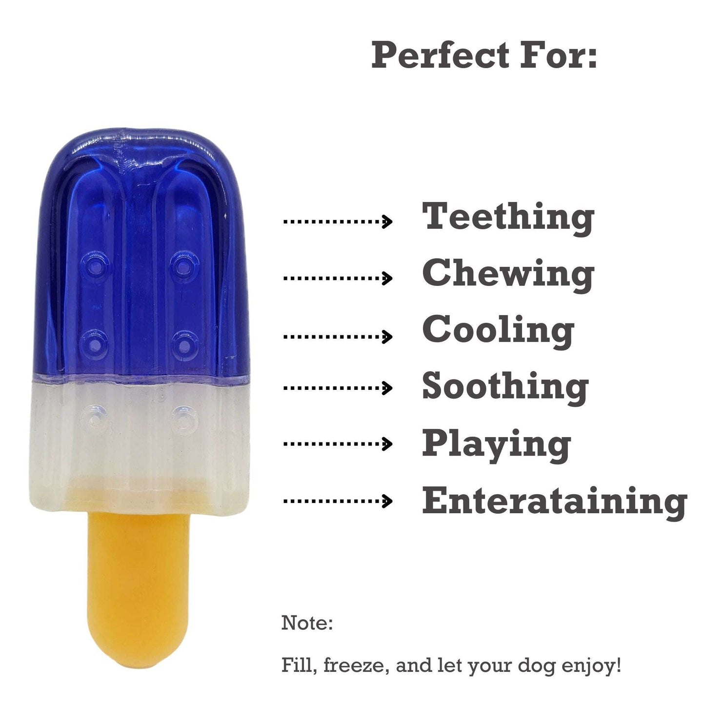 Popsicle-shaped rubber dog chew toy in blue and yellow, perfect for teething and cooling