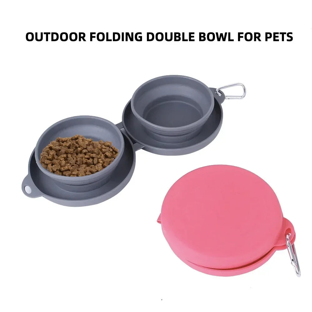 Portable collapsible dog bowl with double compartments for food and water, perfect for travel