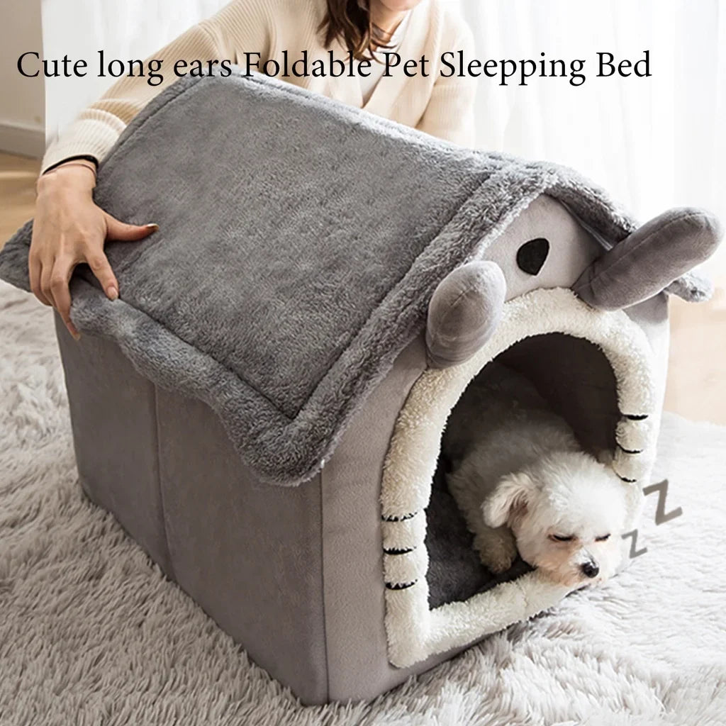 Cute foldable pet sleeping bed designed as a portable dog house for medium dogs with playful ears