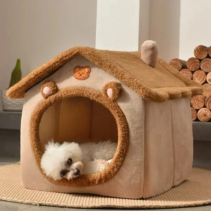 Portable dog house for medium dogs in soft fabric with a cozy design and round entrance