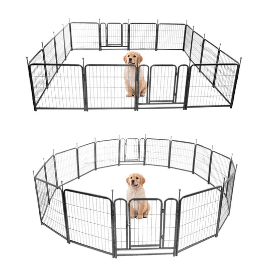 Portable dog playpen for camping in two configurations with a happy golden retriever inside