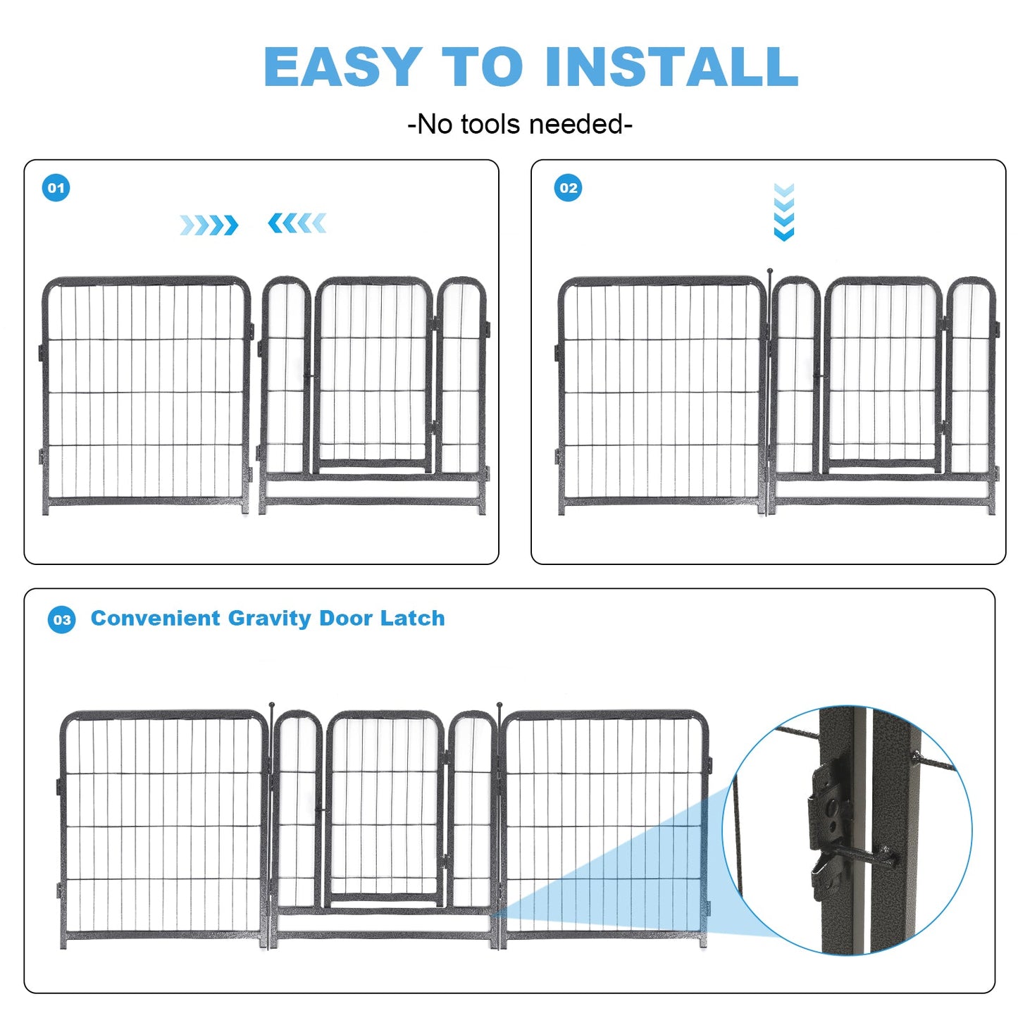 Easy to install portable dog playpen for camping with a convenient gravity door latch