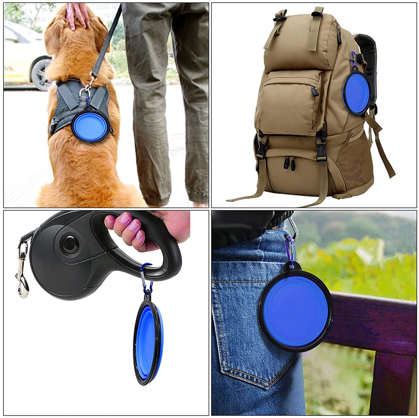 Vibhsa portable dog travel bowls attached to a backpack and leash for convenience during outdoor adventures