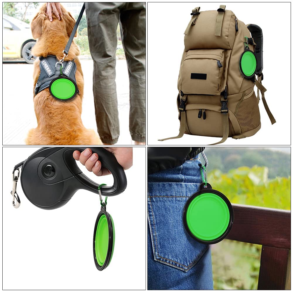Portable foldable dog bowl designed for easy travel, attaches to leashes or bags for convenience