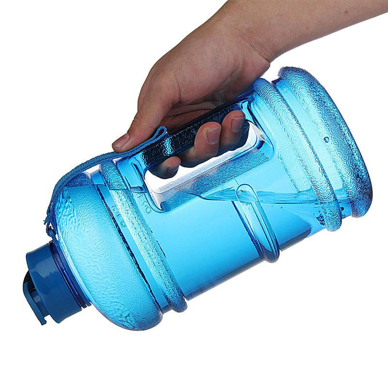 Blue portable hydration jug for workouts with a convenient handle for easy carrying