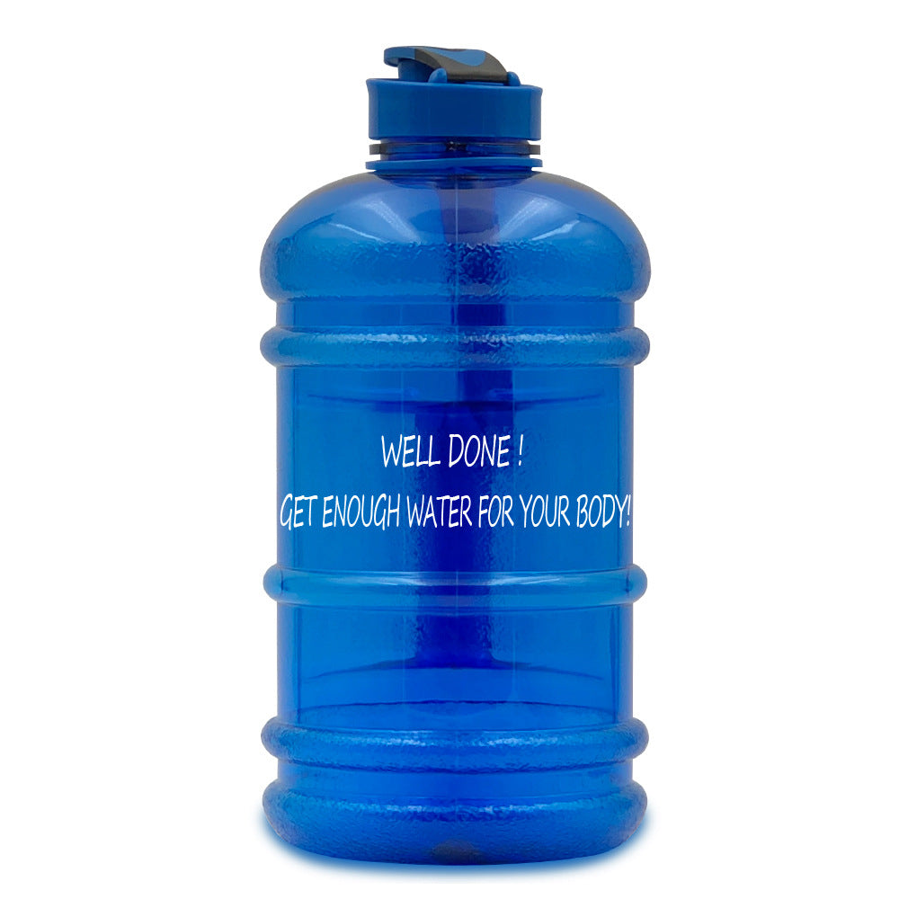 Blue portable hydration jug for workouts with motivational message to stay hydrated