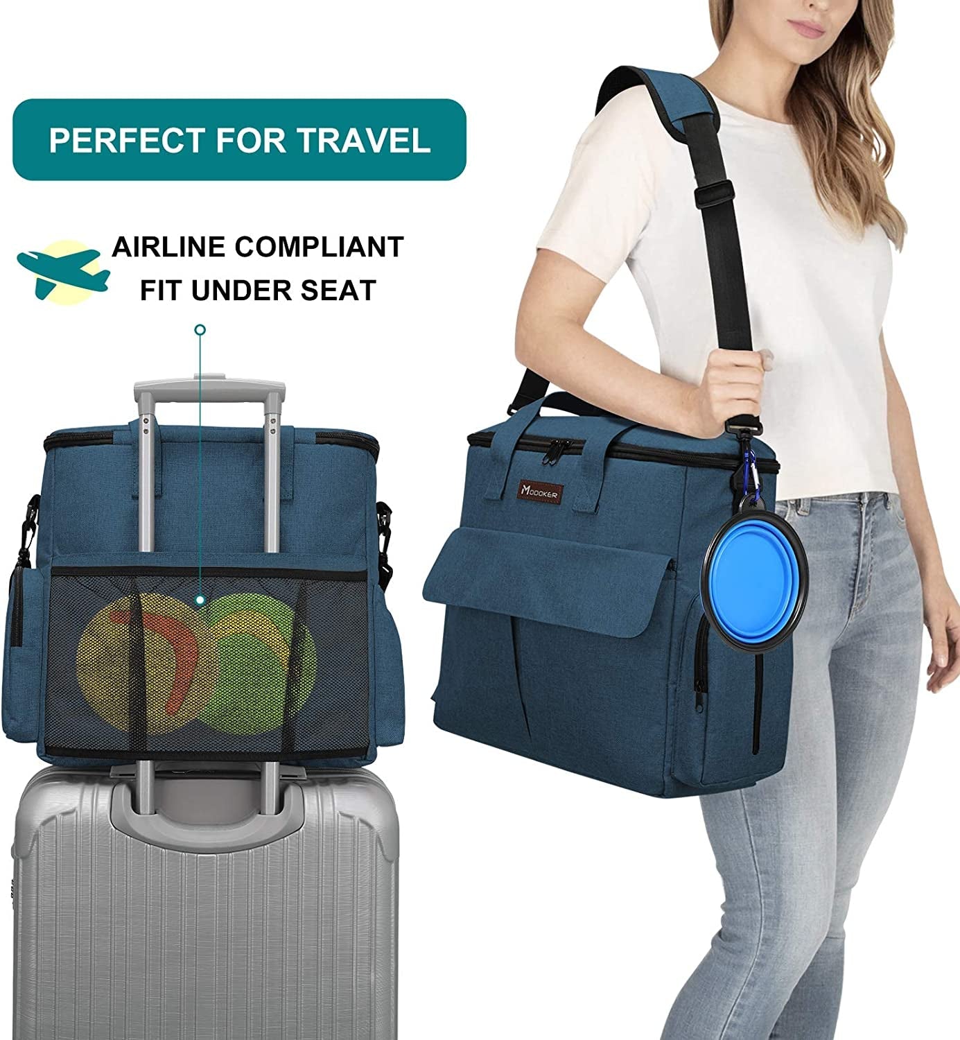 Purrfect Pet Kingdom portable pet food storage bag with shoulder strap and mesh pocket for travel convenience