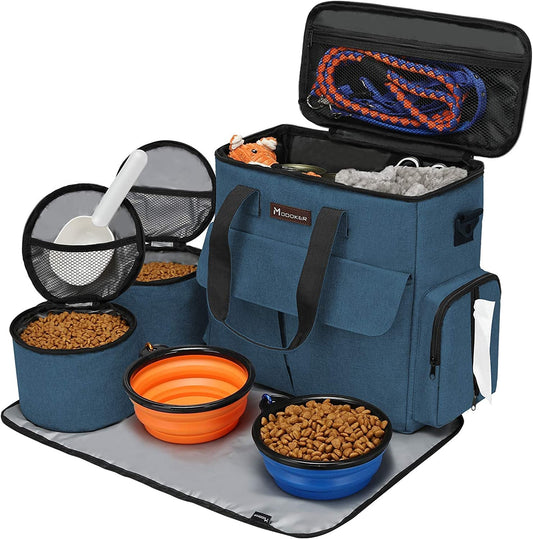 Purrfect Pet Kingdom portable pet food storage bag with two food bowls and organizers for travel convenience