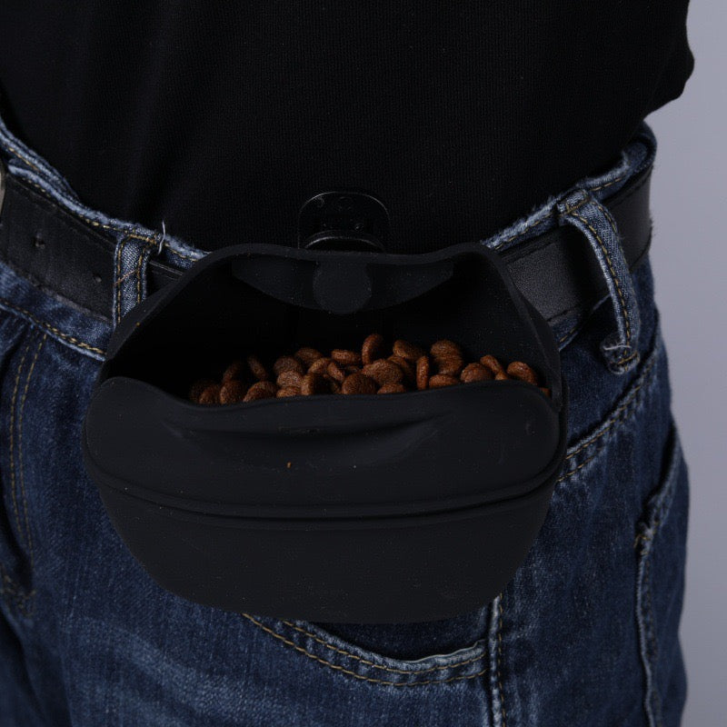 Portable pet treat pouch designed for easy access while training pets outdoors