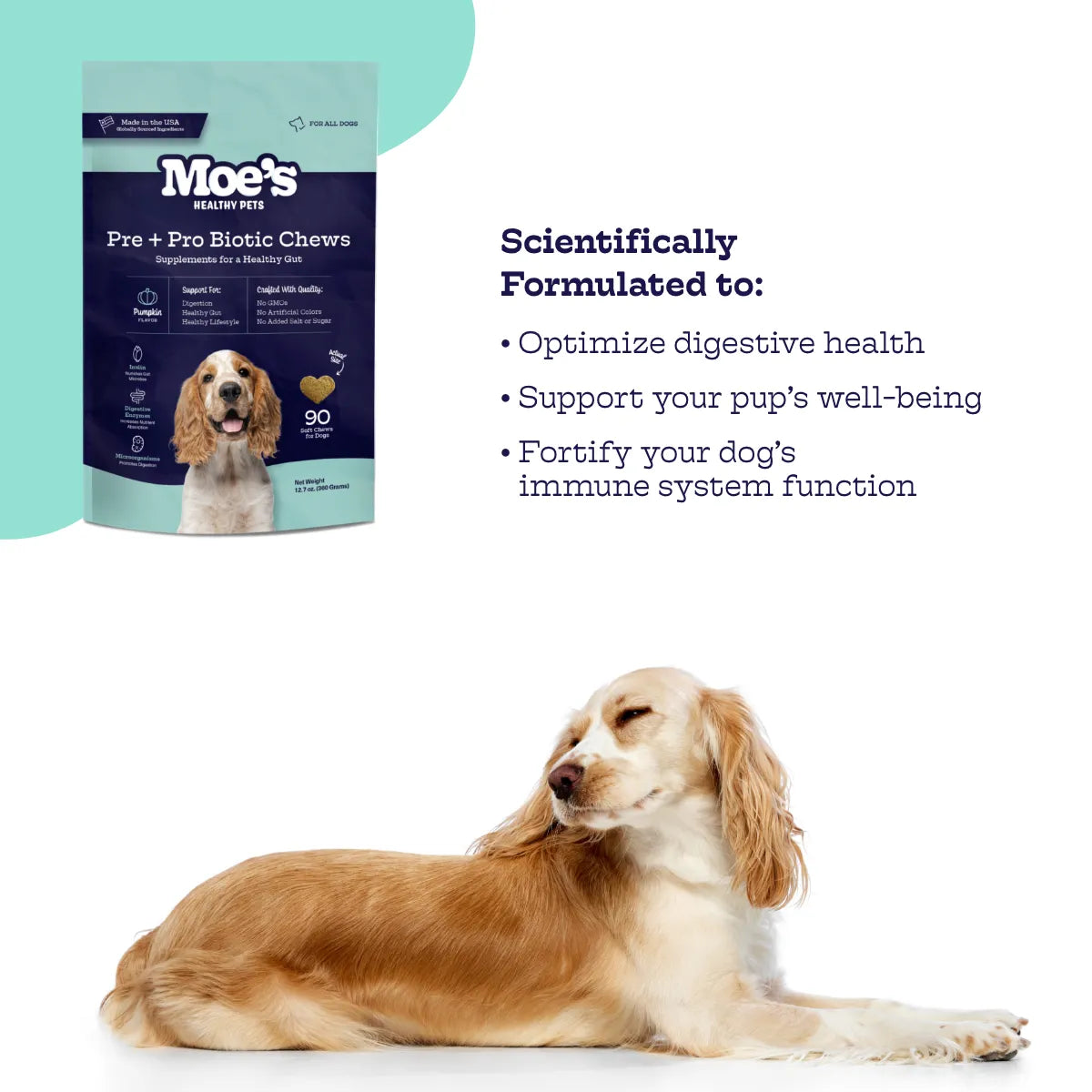 Pre + Pro Biotic Chews by Moe's Healthy Pets, 25.00, featuring a colorful packaging design for optimal pet health.
