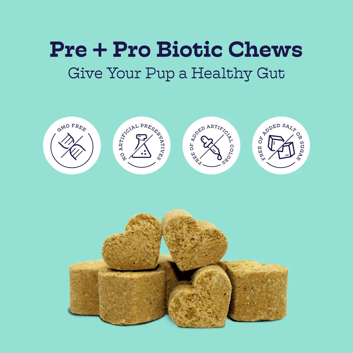 Pre + Pro Biotic Chews by Moe's Healthy Pets, 25.00 size, featuring vibrant packaging, perfect for pet health support.