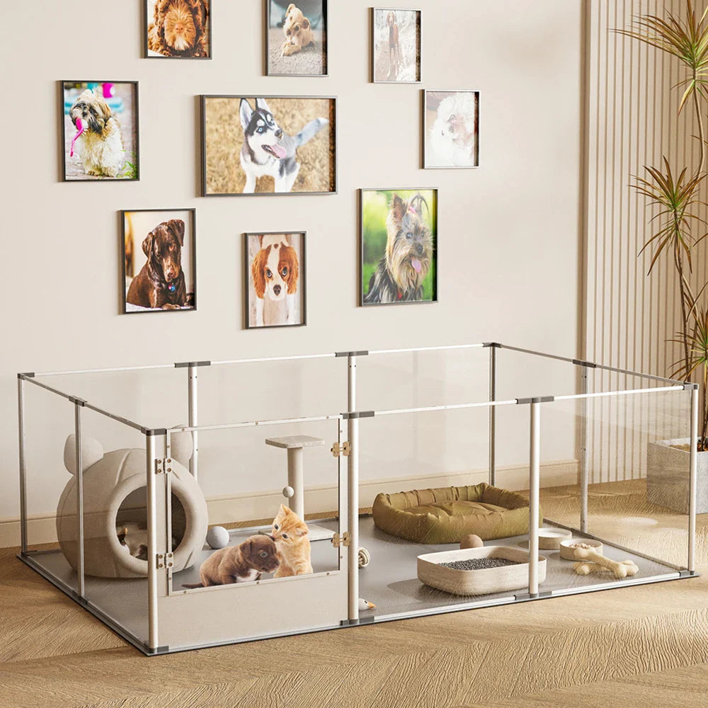 Tail Chasers premium indoor dog exercise pen with cozy pet accessories and vibrant wall art