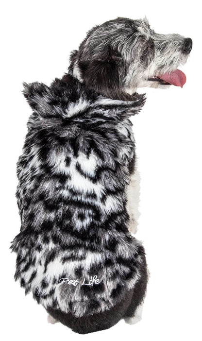 Dog wearing premium pet apparel for dogs black and white faux fur coat with hood by Purrfect Pet Kingdom